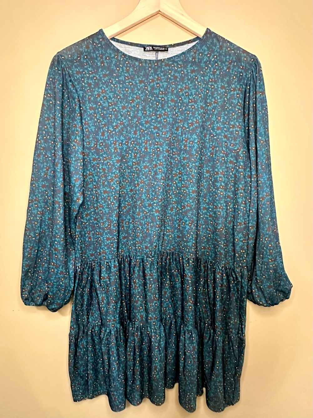 Zara Teal Floral Tiered Mini Dress Size M Long Sleeve